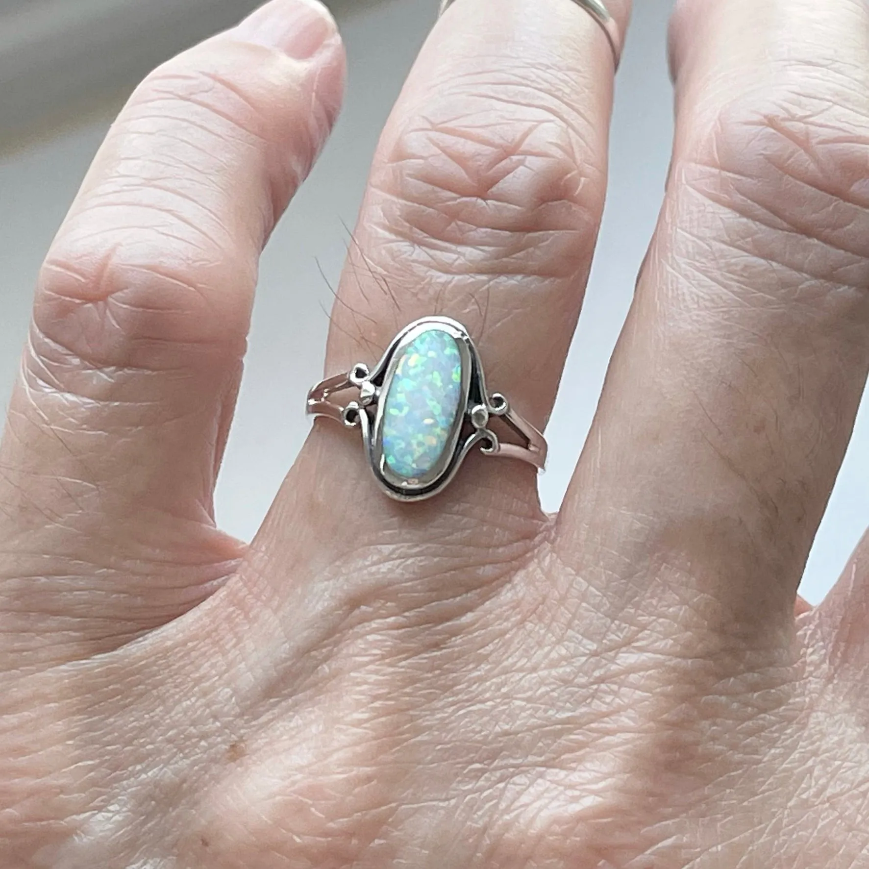 Sterling Silver Oval White Lab Opal Ring, Silver Ring, Simple Ring