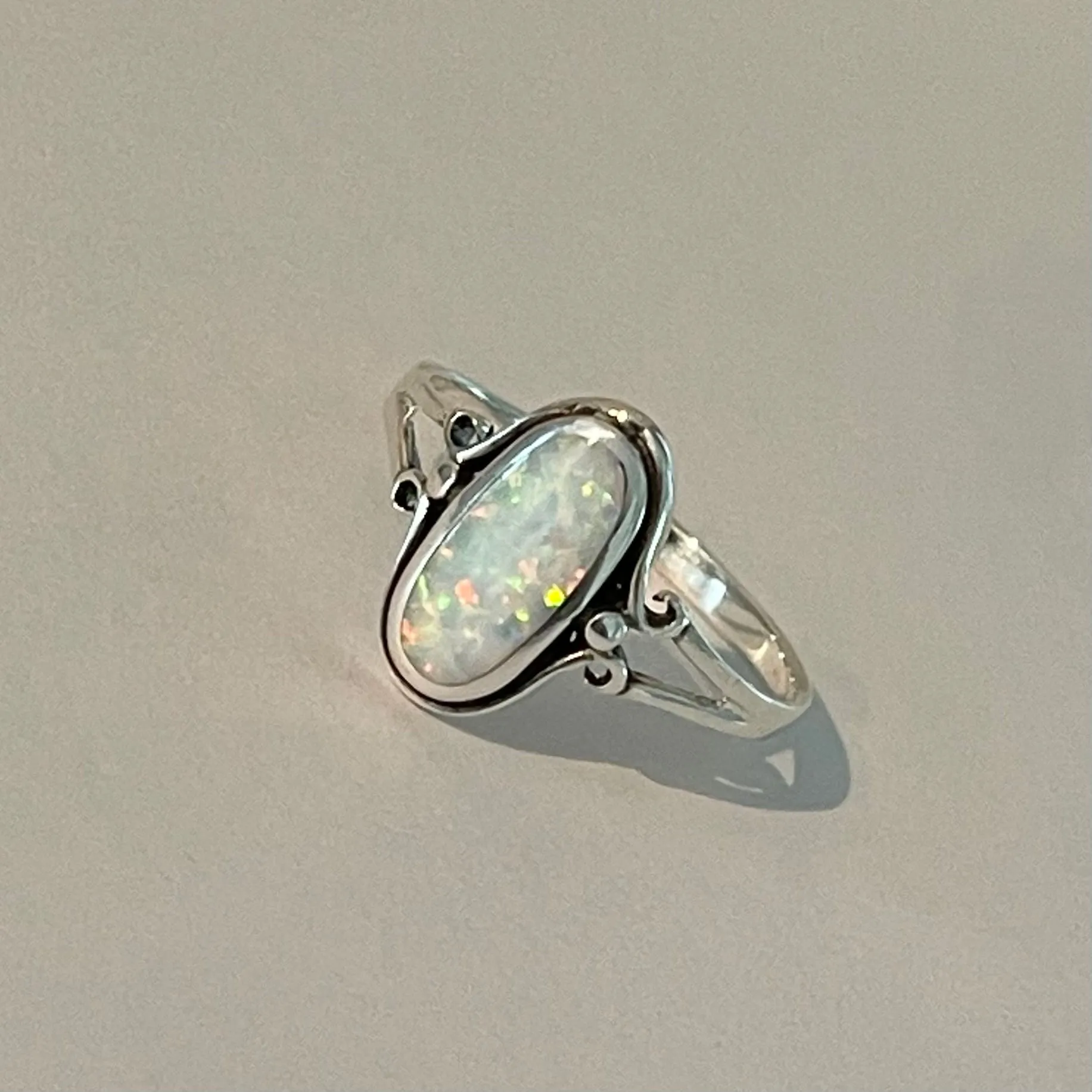Sterling Silver Oval White Lab Opal Ring, Silver Ring, Simple Ring
