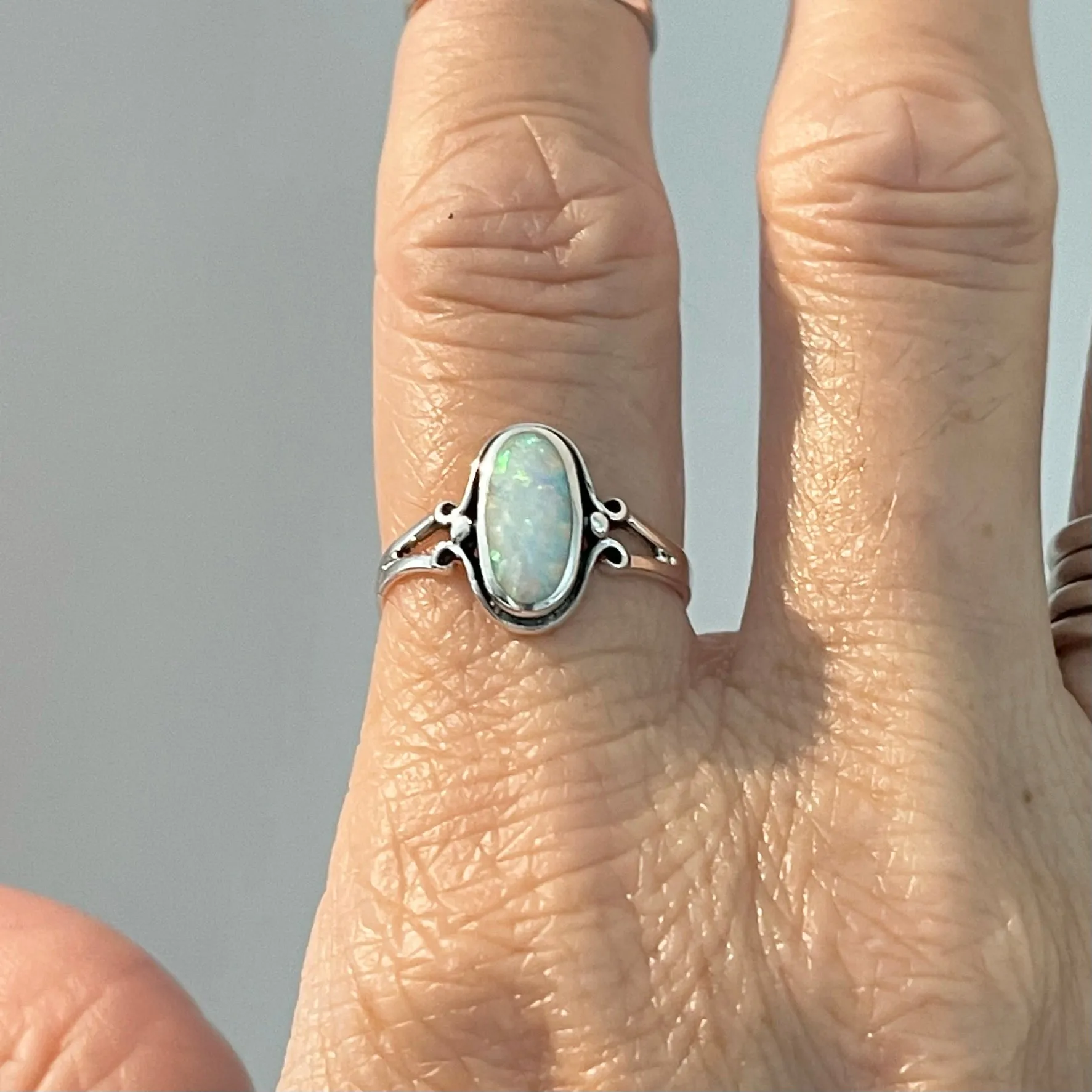 Sterling Silver Oval White Lab Opal Ring, Silver Ring, Simple Ring