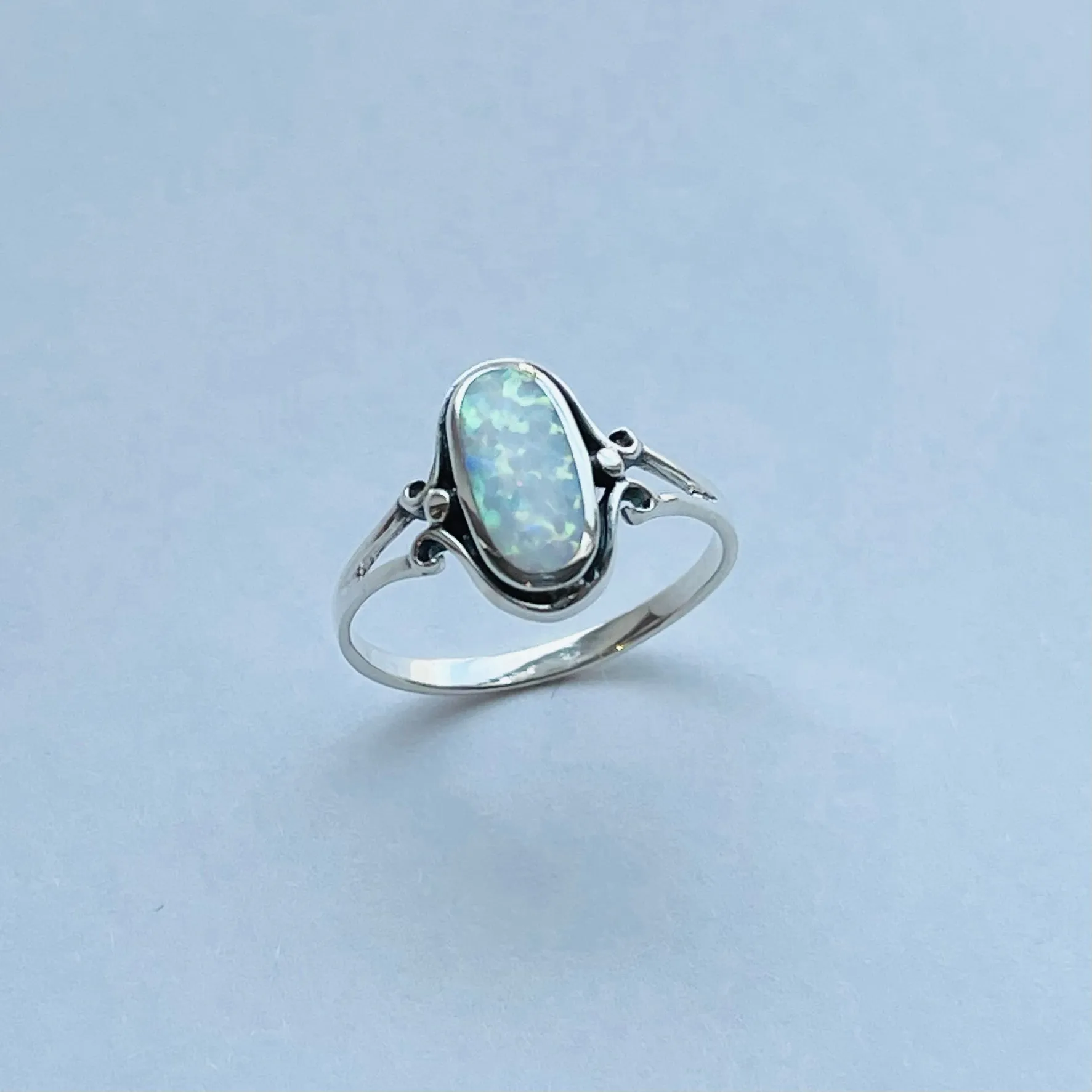 Sterling Silver Oval White Lab Opal Ring, Silver Ring, Simple Ring