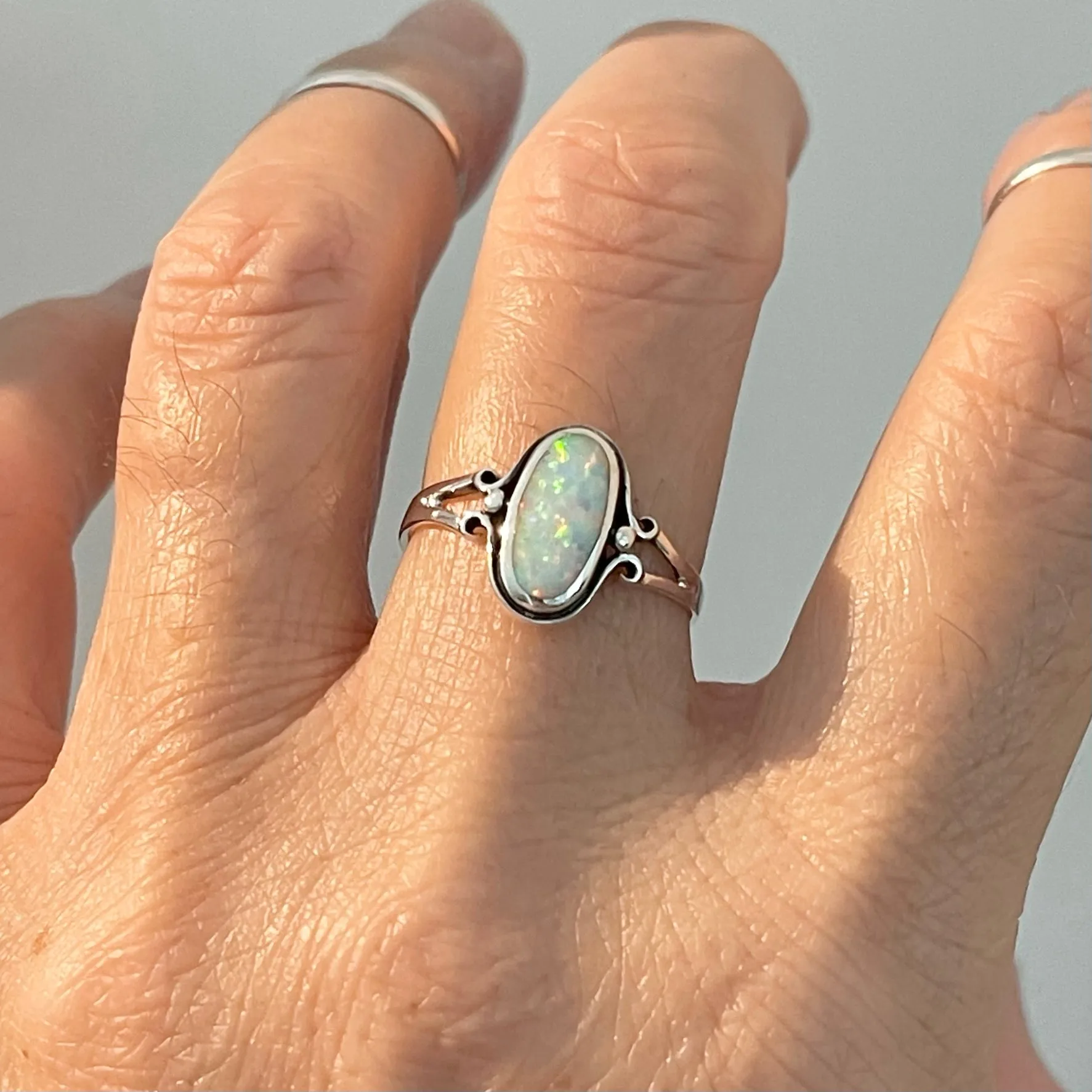 Sterling Silver Oval White Lab Opal Ring, Silver Ring, Simple Ring