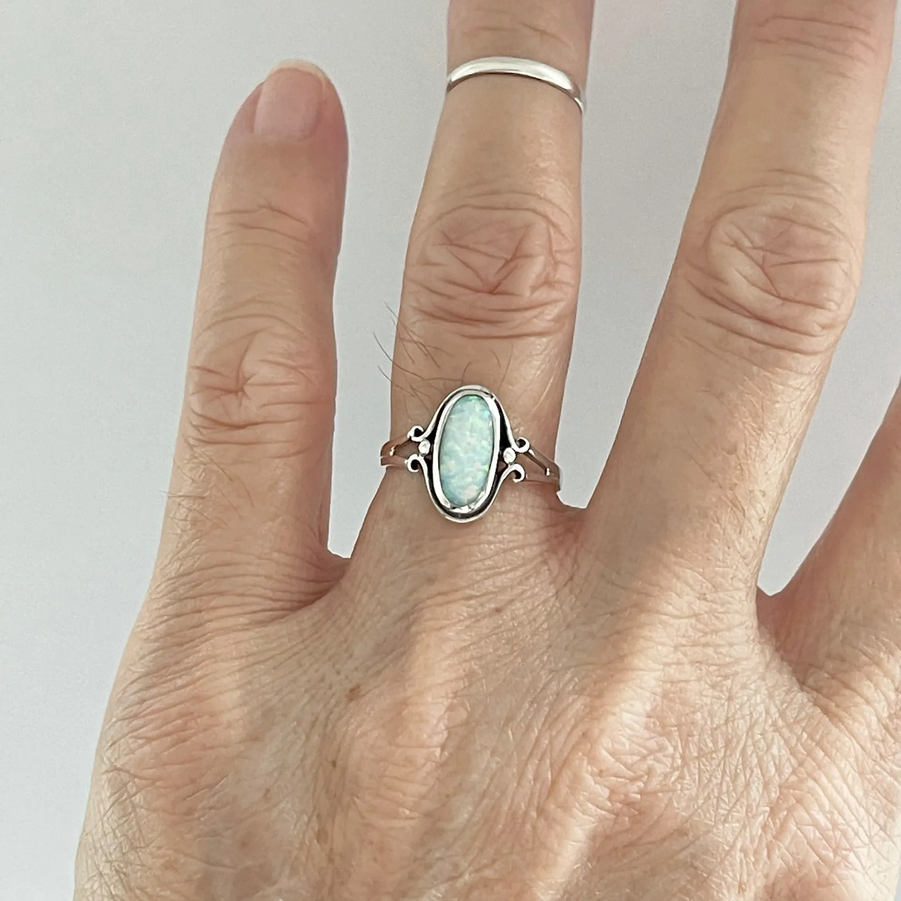 Sterling Silver Oval White Lab Opal Ring, Silver Ring, Simple Ring