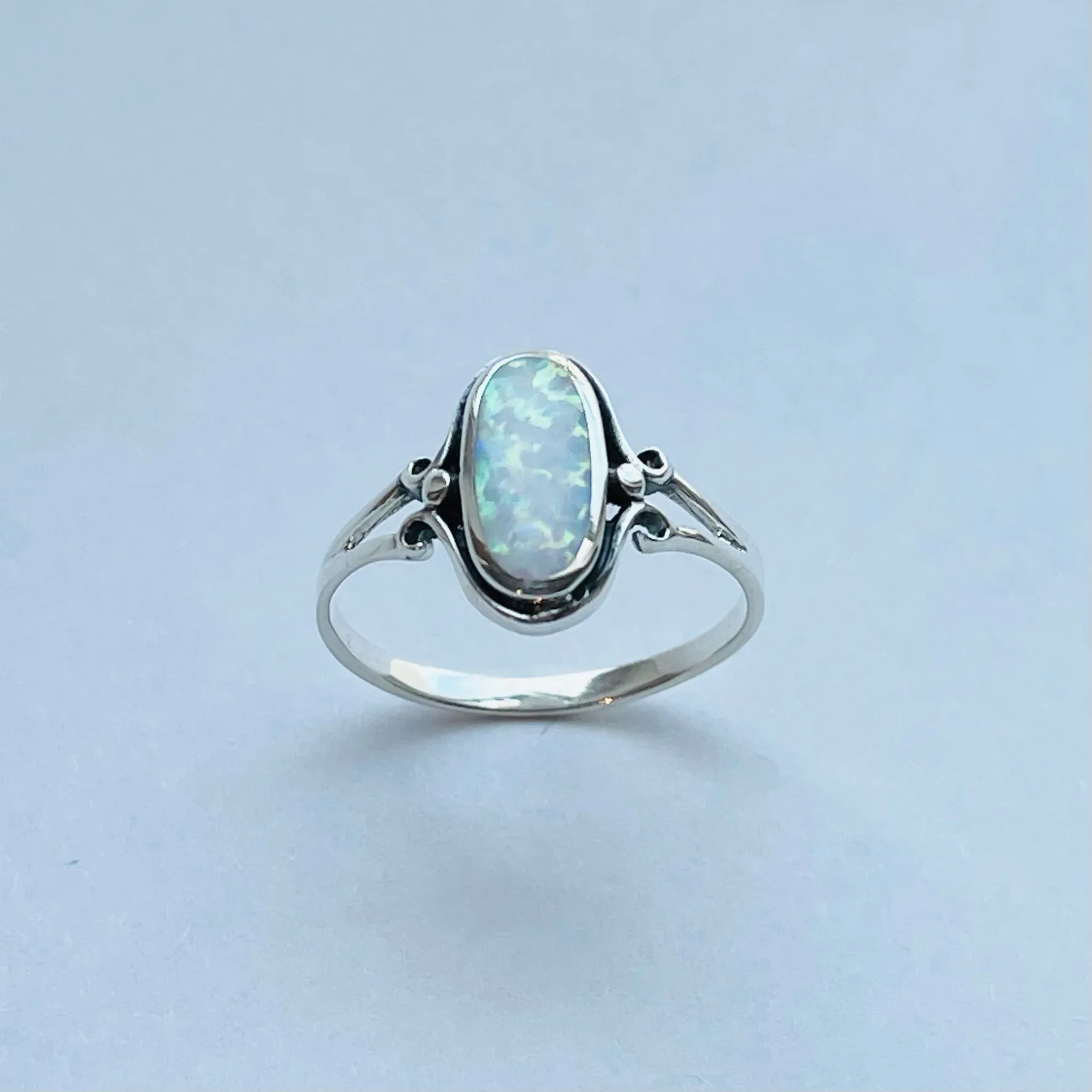 Sterling Silver Oval White Lab Opal Ring, Silver Ring, Simple Ring