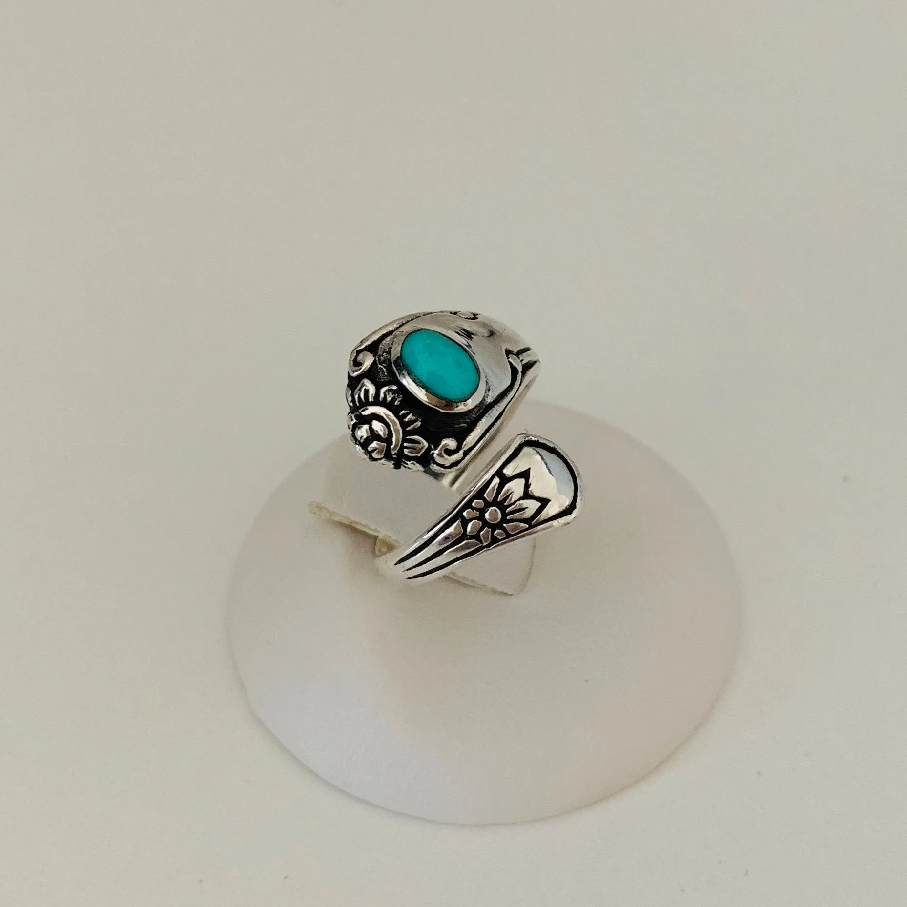 Sterling Silver Spoon Style Ring with Synthetic Turquoise, Spoon Ring, Silver Rings