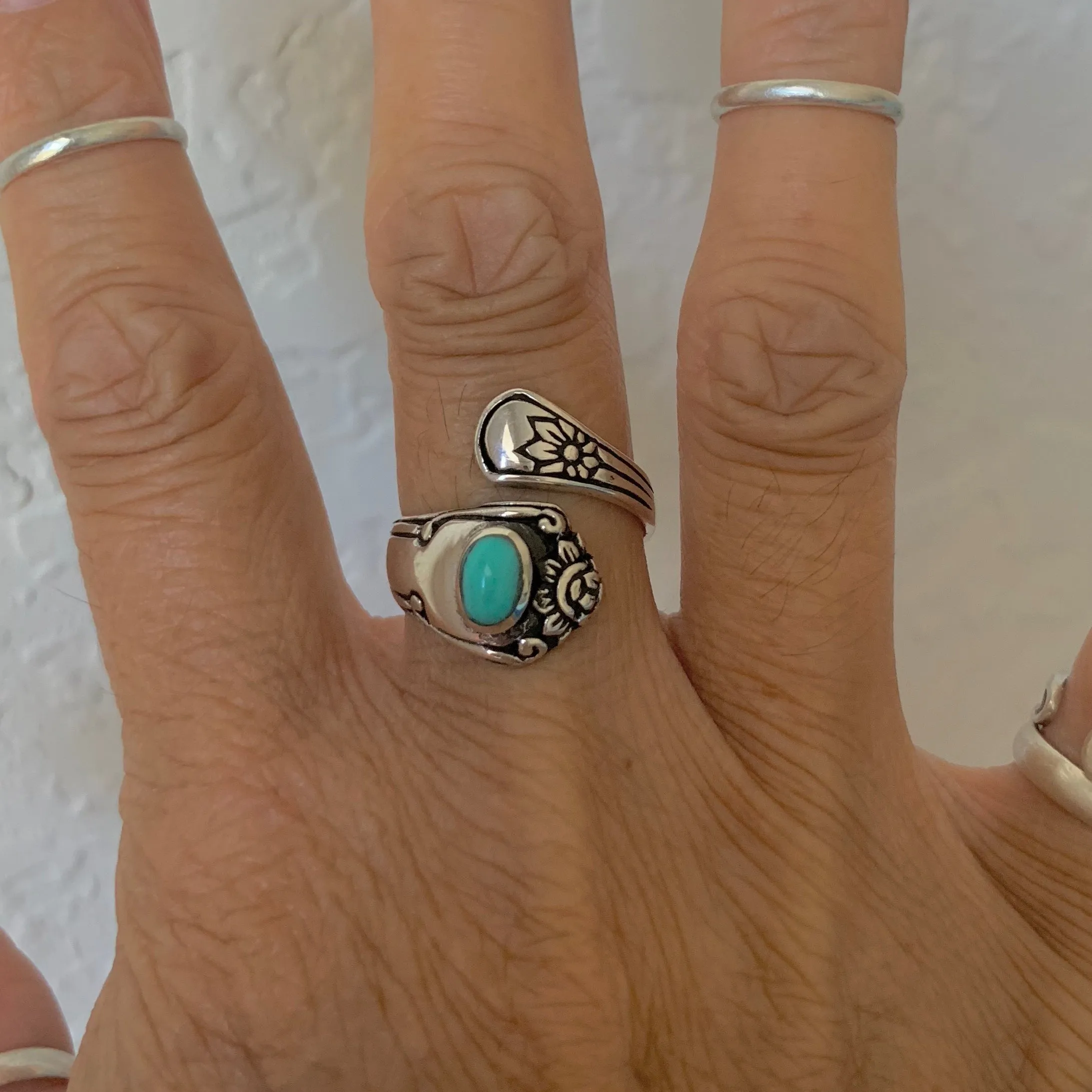 Sterling Silver Spoon Style Ring with Synthetic Turquoise, Spoon Ring, Silver Rings