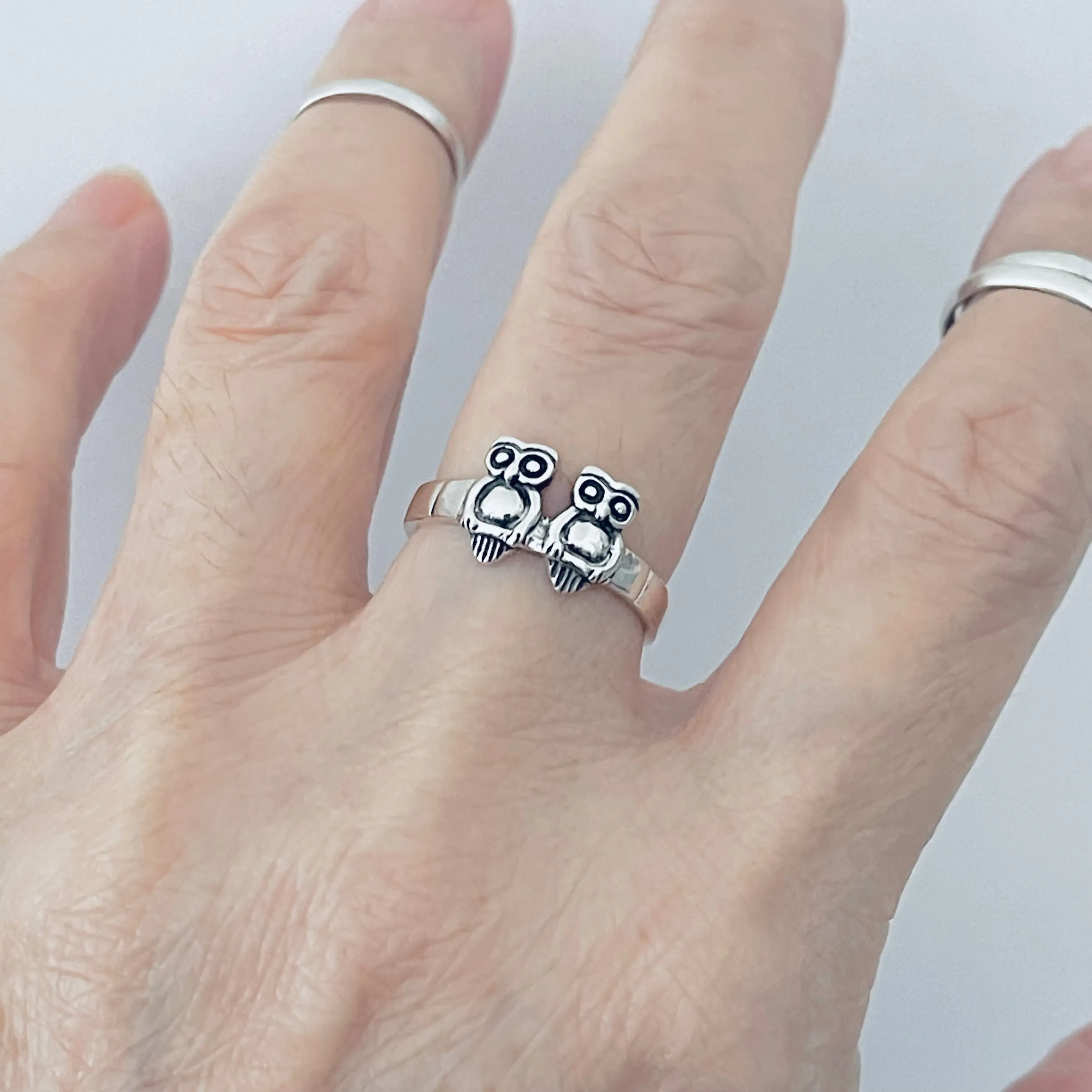 Sterling Silver Twin Owls Ring, Silver Rings, Spirit Bird Ring, Animals, Owl
