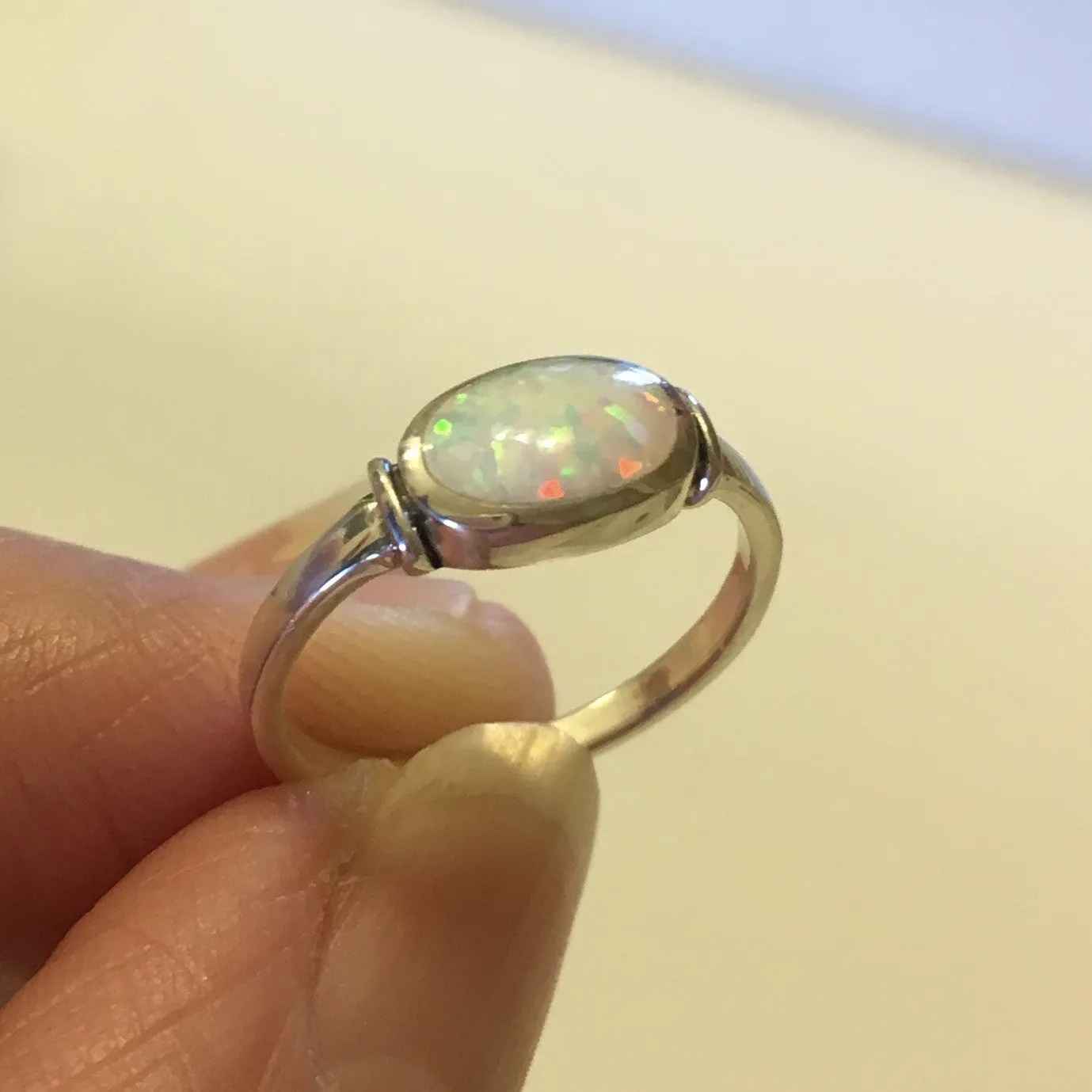 Sterling Silver White Lab Opal Ring, Silver Ring, Opal Ring, Dainty Ring