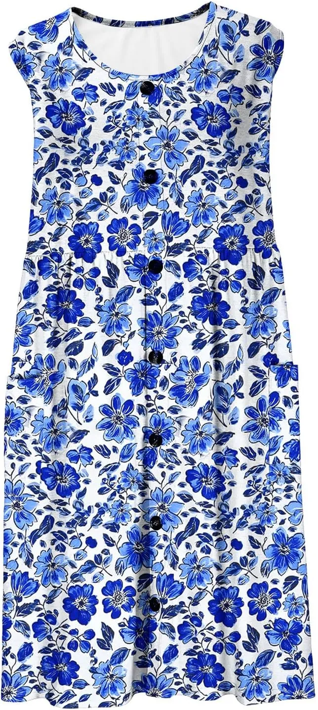 Summer Dress for Women Sleeveless Floral Beach Sundress Casual High Waist A-Line Midi Tank Dresses with Pockets