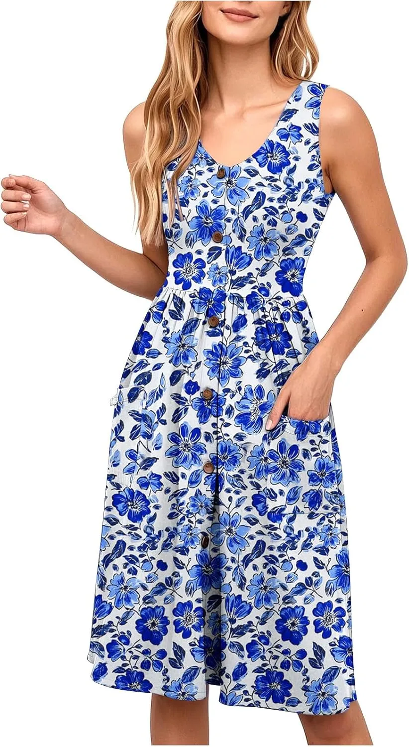 Summer Dress for Women Sleeveless Floral Beach Sundress Casual High Waist A-Line Midi Tank Dresses with Pockets