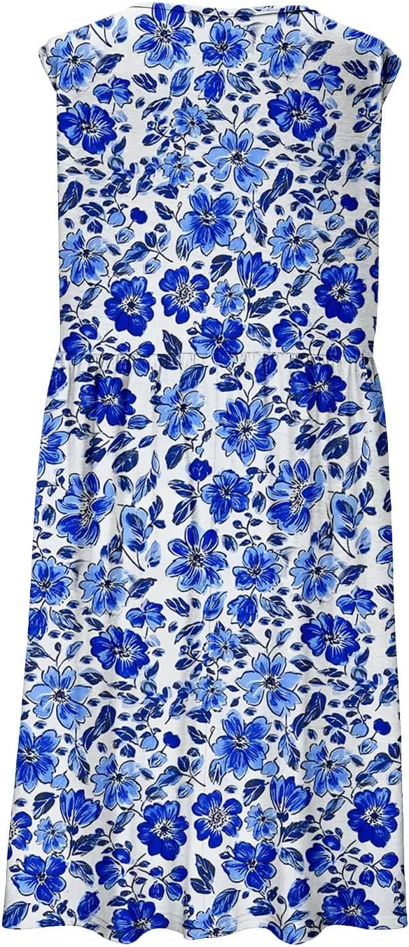 Summer Dress for Women Sleeveless Floral Beach Sundress Casual High Waist A-Line Midi Tank Dresses with Pockets