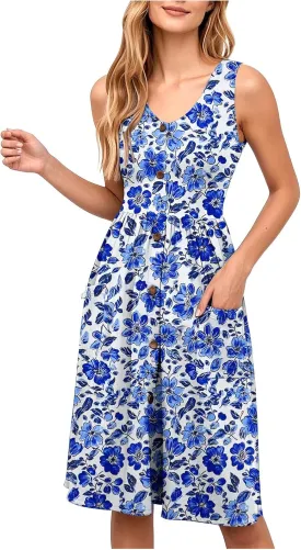Summer Dress for Women Sleeveless Floral Beach Sundress Casual High Waist A-Line Midi Tank Dresses with Pockets