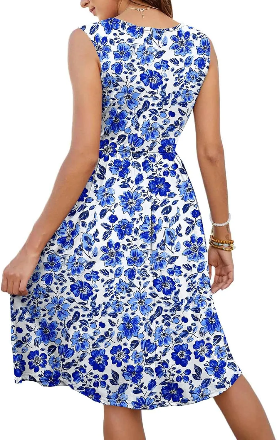 Summer Dress for Women Sleeveless Floral Beach Sundress Casual High Waist A-Line Midi Tank Dresses with Pockets
