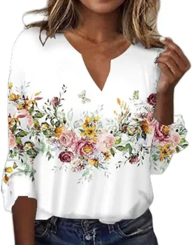 Summer Tops for Women Boho 3/4 Sleeve Vintage Floral Shirts Plus Size Ruffle Sleeve V Neck Tshirt Fashion Blouses