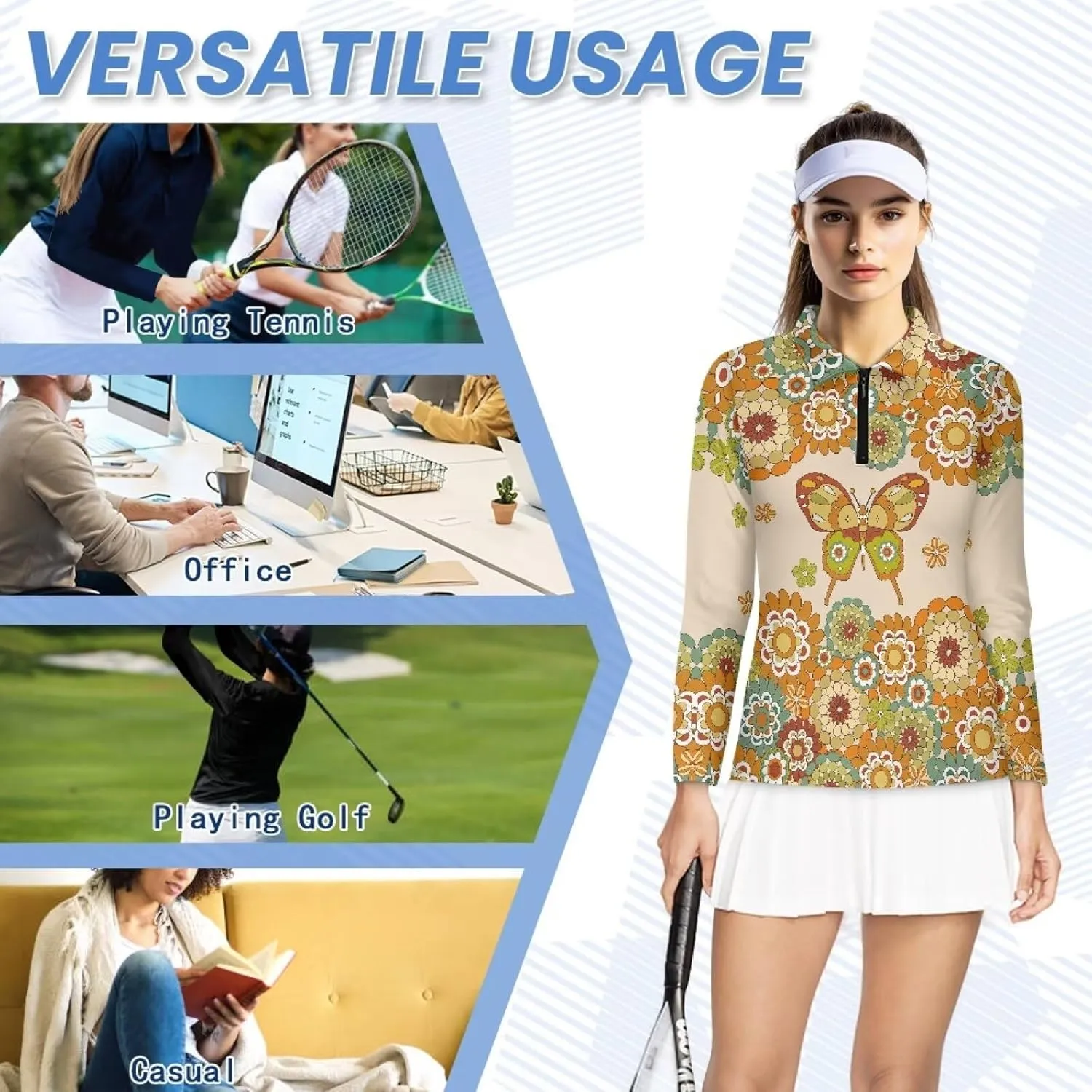 Suobstales Women's Polo Shirts Long Sleeve Golf T Shirt Quick Dry UPF 50  Sun Protection Lightweight Athletic Tennis Shirts