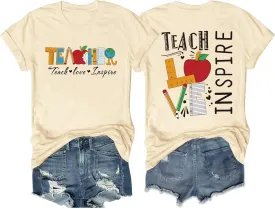 Teacher Shirts for Women Teach Love Inspire Teaching Tee Tops 80s 90s Short Sleeve Inspirational Teacher Day Gift Shirts