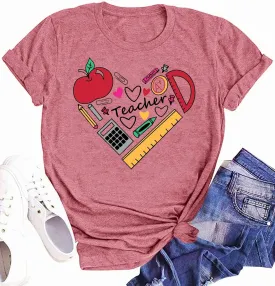 Teacher Shirts for Women Teach Love Inspire Teaching Tee Tops 80s 90s Short Sleeve Inspirational Teacher Day Gift Shirts
