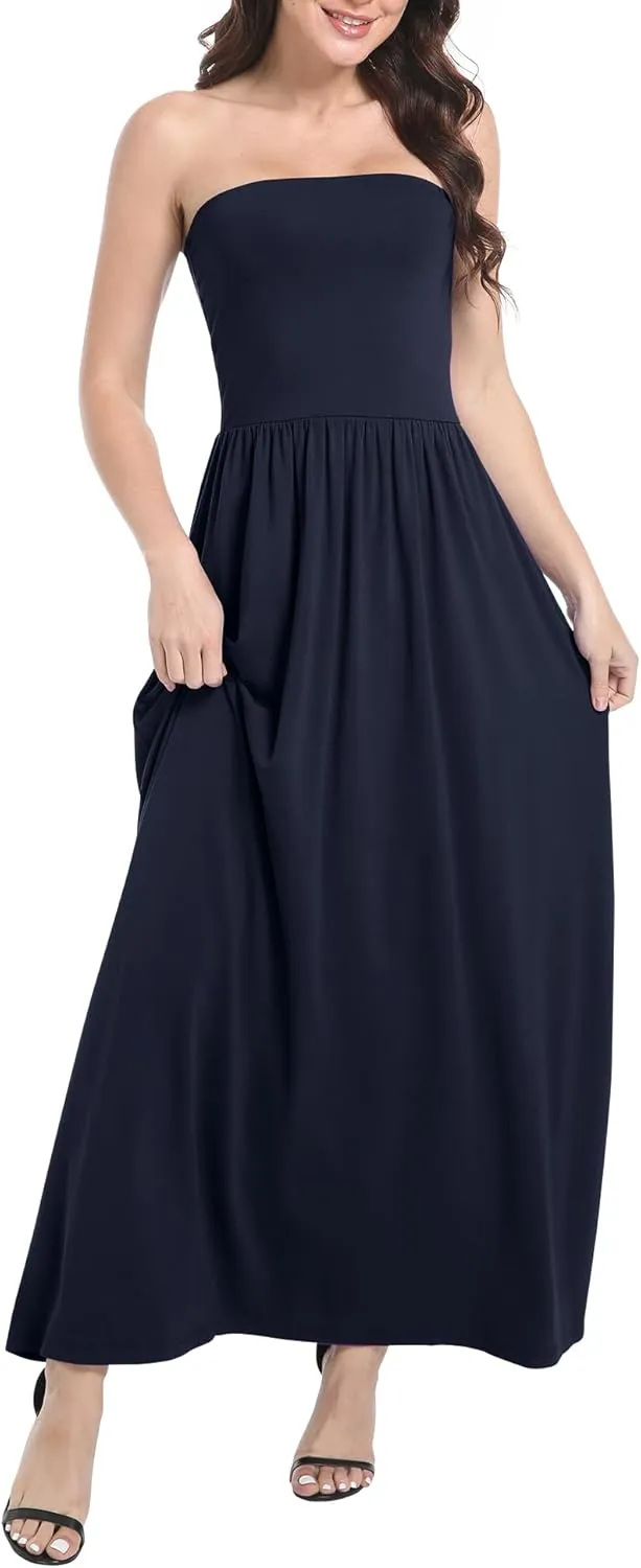 Urban CoCo Women's Strapless Ruched Maxi Dress Flowy Sleeveless A-Line Dresses