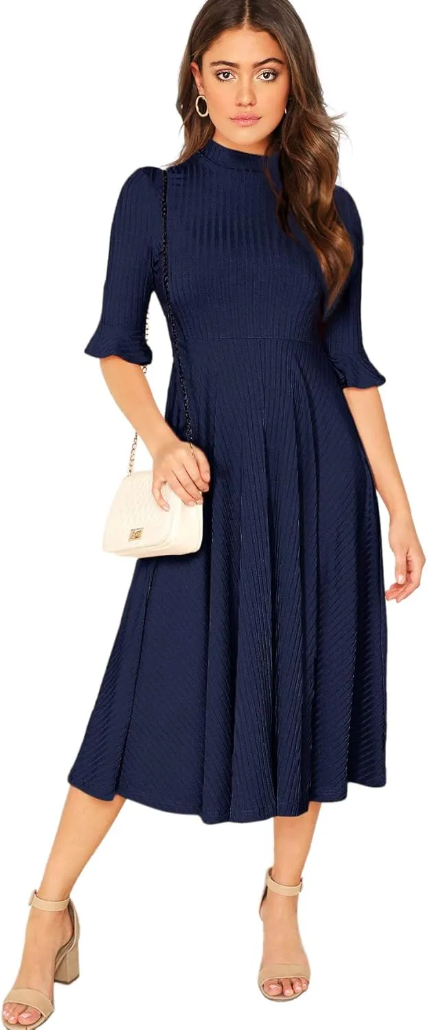 Verdusa Women's Elegant Ribbed Ruffle Half Sleeve A Line Dresses Fit and Flare Midi Dress