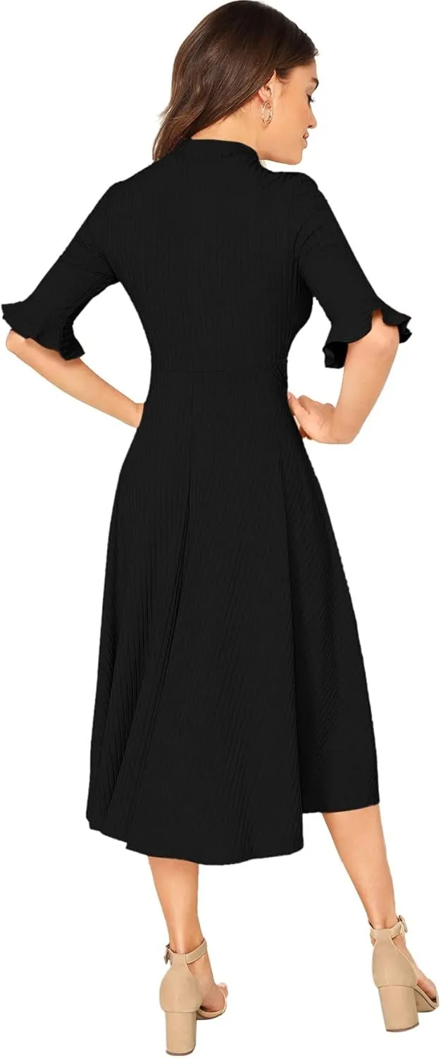 Verdusa Women's Elegant Ribbed Ruffle Half Sleeve A Line Dresses Fit and Flare Midi Dress