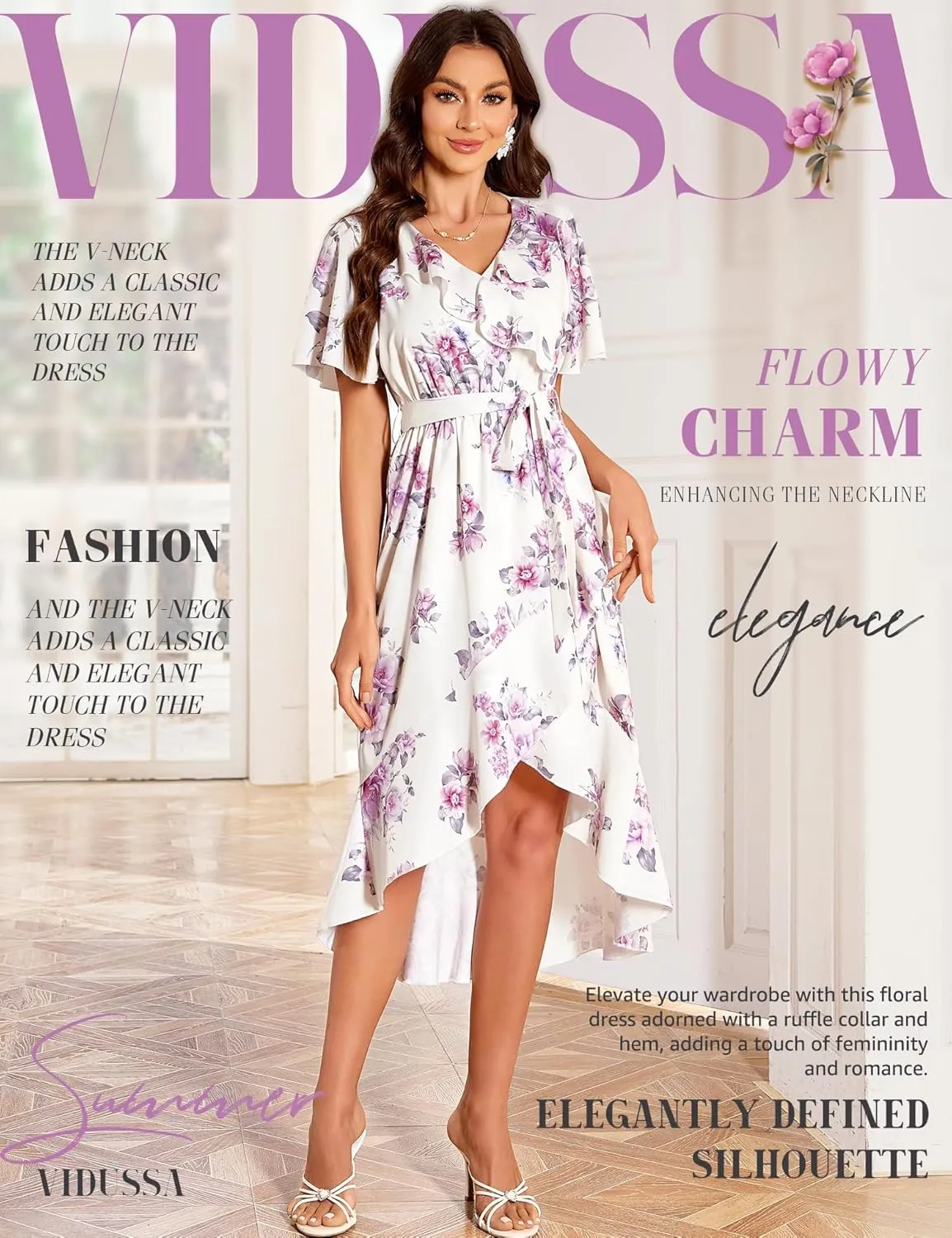 VIDUSSA Summer Floral Dress for Women - Boho V Neck Flutter Short Sleeve Belted Ruffle A-Line Flowy Midi Long Sun Dresses