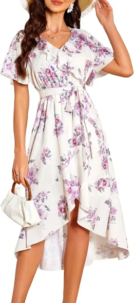 VIDUSSA Summer Floral Dress for Women - Boho V Neck Flutter Short Sleeve Belted Ruffle A-Line Flowy Midi Long Sun Dresses