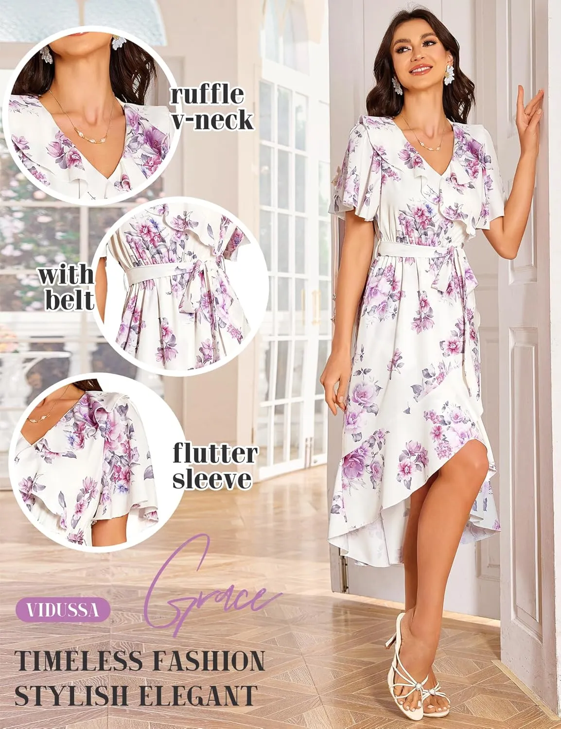 VIDUSSA Summer Floral Dress for Women - Boho V Neck Flutter Short Sleeve Belted Ruffle A-Line Flowy Midi Long Sun Dresses