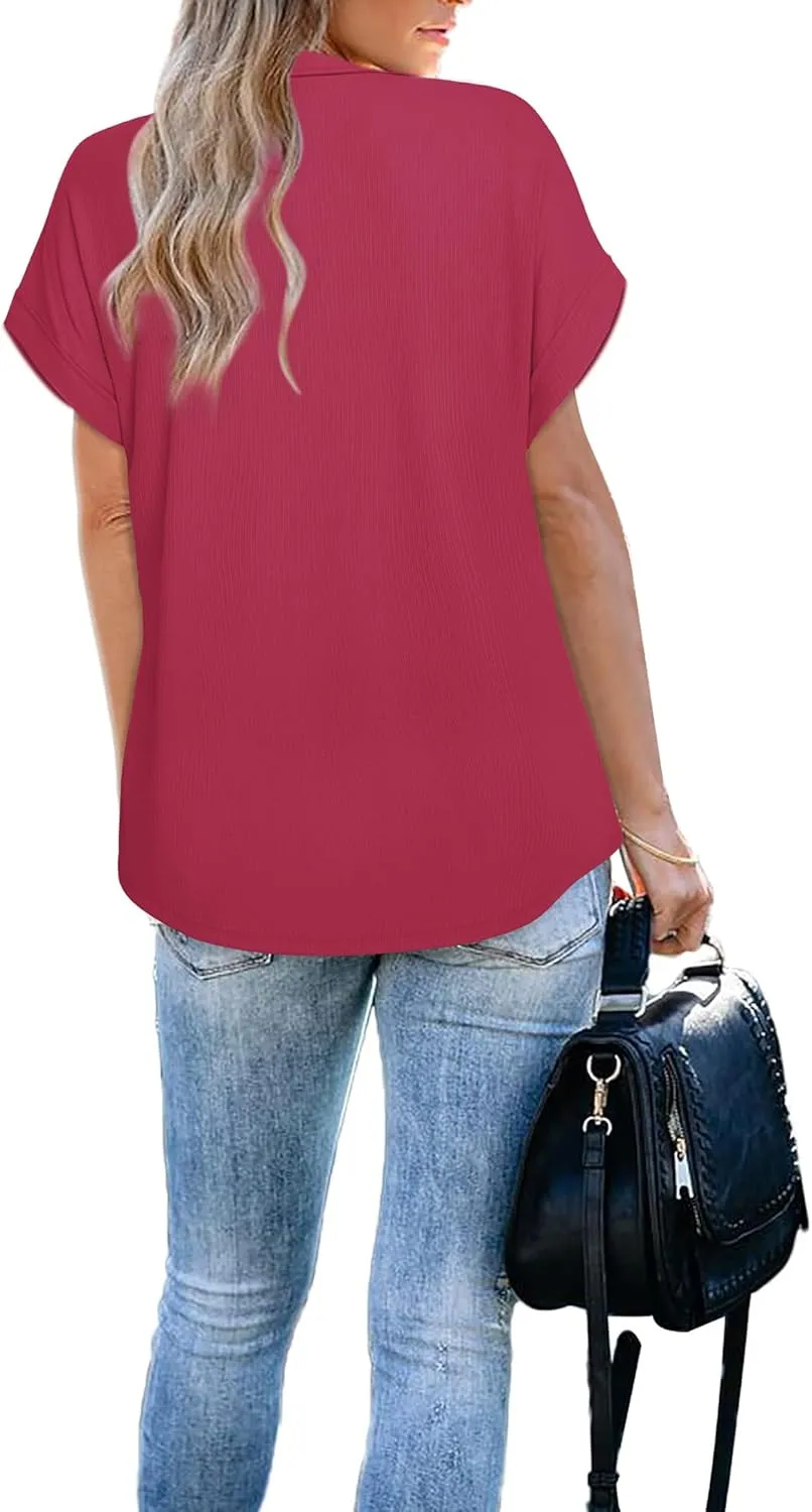 Vivilli Women's Short Sleeve Tops and Blouses Zipper Collar V Neck Business Casual Tops Loose Fit Tunic Shirt Polo Shirts