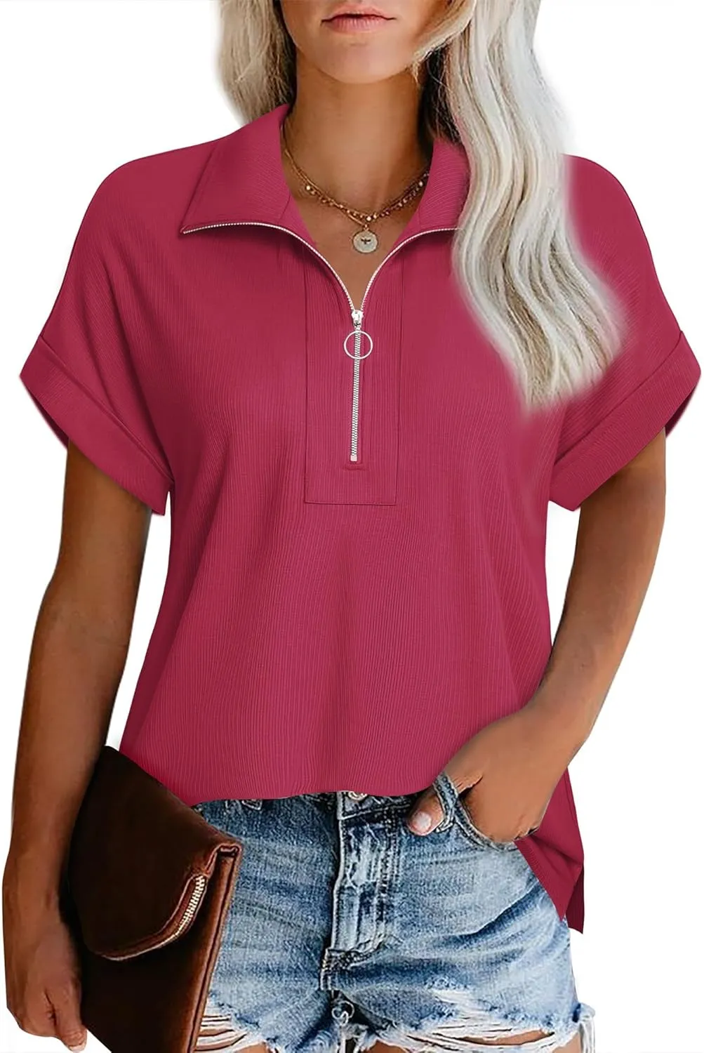 Vivilli Women's Short Sleeve Tops and Blouses Zipper Collar V Neck Business Casual Tops Loose Fit Tunic Shirt Polo Shirts