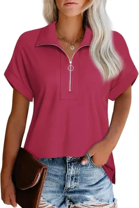 Vivilli Women's Short Sleeve Tops and Blouses Zipper Collar V Neck Business Casual Tops Loose Fit Tunic Shirt Polo Shirts