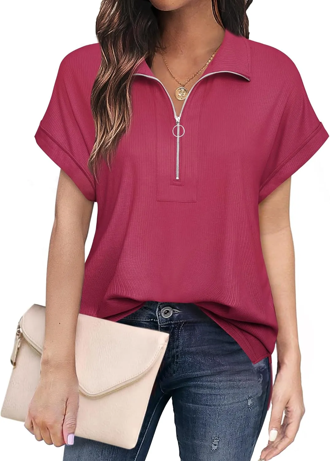 Vivilli Women's Short Sleeve Tops and Blouses Zipper Collar V Neck Business Casual Tops Loose Fit Tunic Shirt Polo Shirts