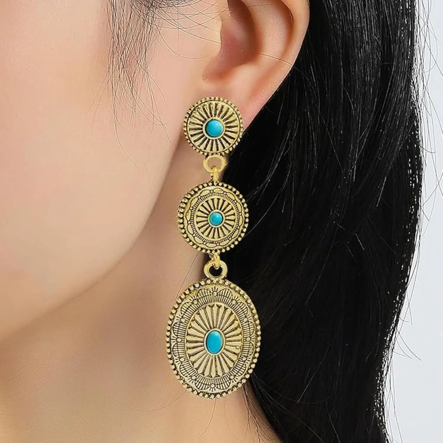 Western Earrings for Women Vintage Concho Dangle Earrings with Turquoise Stone Jewelry Gift for Country Concert Outfits and Rodeo Events