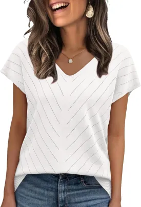WIHOLL Short Sleeve Sweater for Women V Neck Trendy Summer Tops 2025 Beach Vacation Clothes Travel Business Casual Outfits