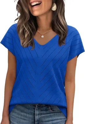 WIHOLL Short Sleeve Sweater for Women V Neck Trendy Summer Tops 2025 Beach Vacation Clothes Travel Business Casual Outfits