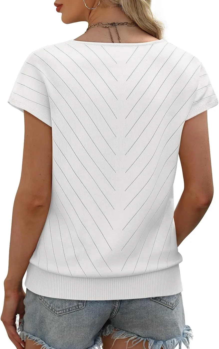 WIHOLL Short Sleeve Sweater for Women V Neck Trendy Summer Tops 2025 Beach Vacation Clothes Travel Business Casual Outfits
