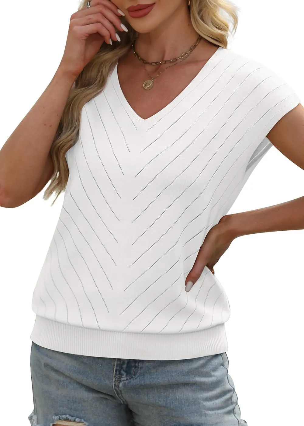 WIHOLL Short Sleeve Sweater for Women V Neck Trendy Summer Tops 2025 Beach Vacation Clothes Travel Business Casual Outfits