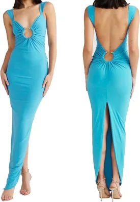 Women Sexy Backless Dress V Neck Sleeveless Open Back Split Maxi Dress Party Cocktail Bodycon Long Dress