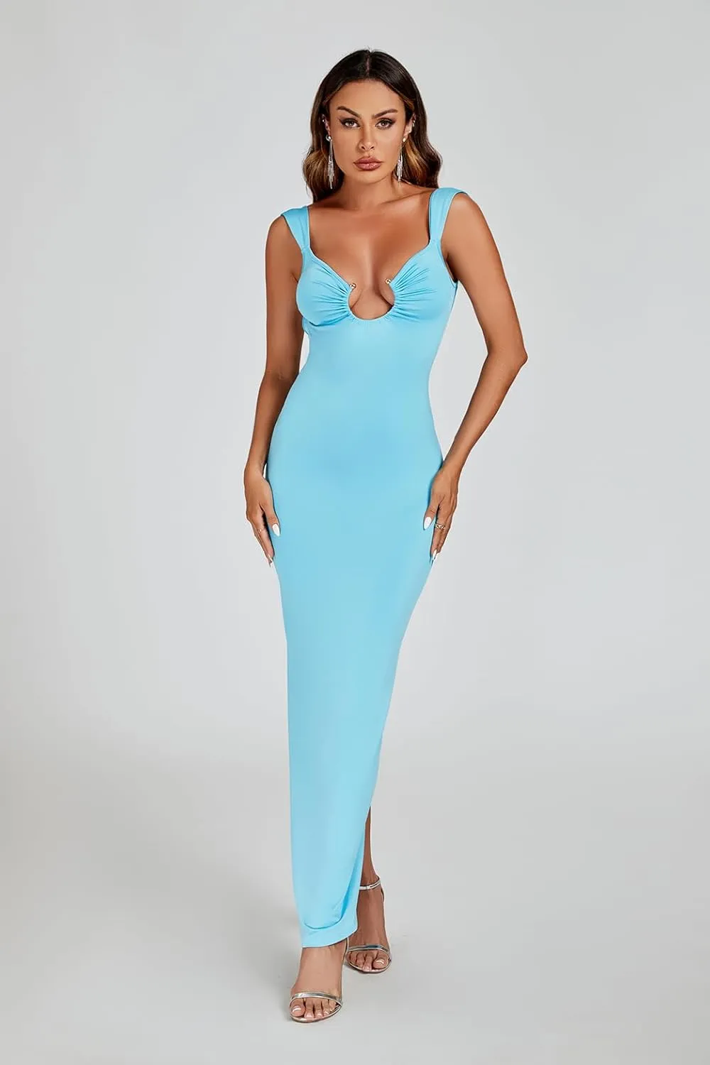 Women Sexy Backless Dress V Neck Sleeveless Open Back Split Maxi Dress Party Cocktail Bodycon Long Dress