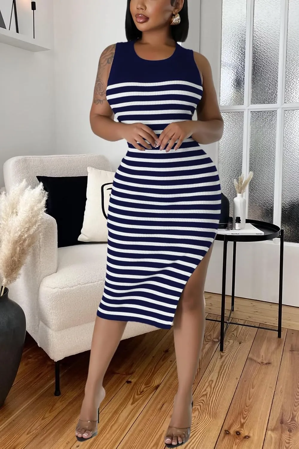 Women's Casual Ribbed Knit Bodycon Tank Dress Round Neck Sleeveless Slit Midi Dresses