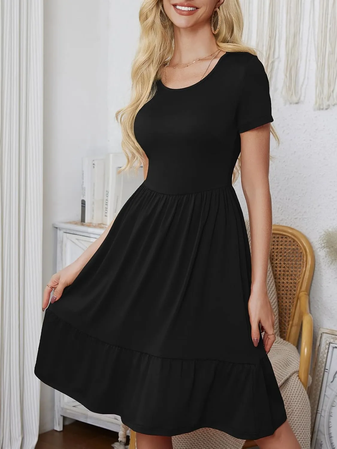 Women's Casual Summer Dress Short Sleeve Swing Flowy Shirt Crewneck Aline Midi Beach Dresses