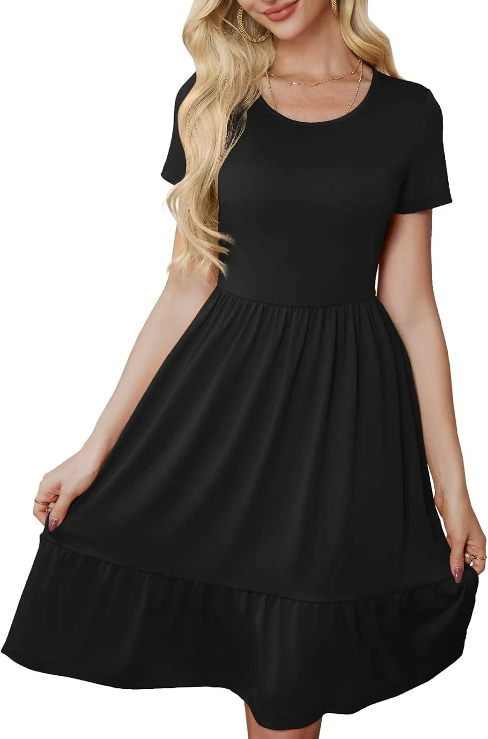 Women's Casual Summer Dress Short Sleeve Swing Flowy Shirt Crewneck Aline Midi Beach Dresses