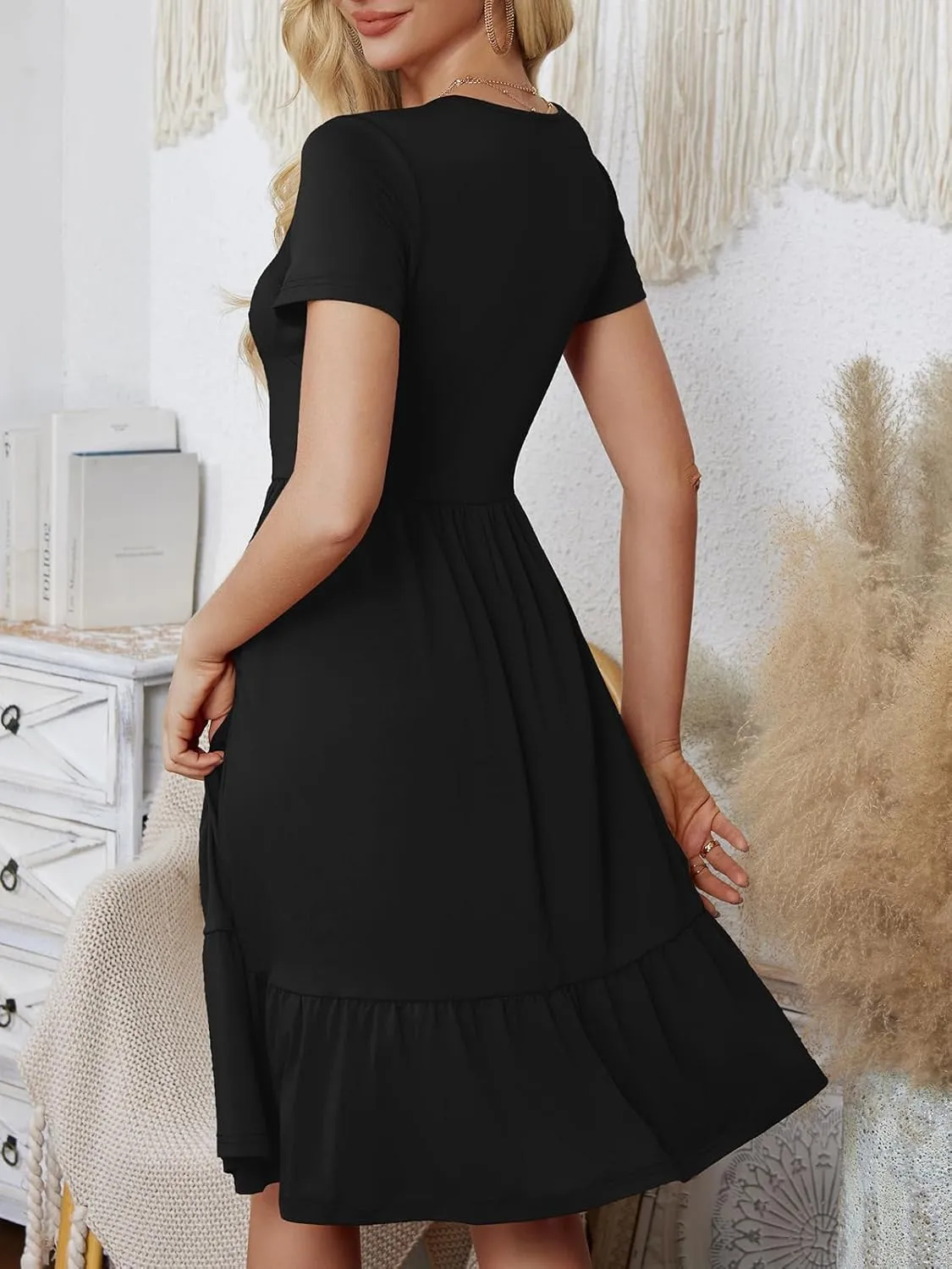 Women's Casual Summer Dress Short Sleeve Swing Flowy Shirt Crewneck Aline Midi Beach Dresses