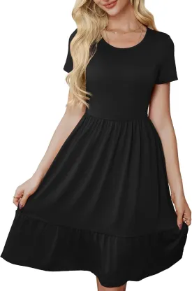 Women's Casual Summer Dress Short Sleeve Swing Flowy Shirt Crewneck Aline Midi Beach Dresses