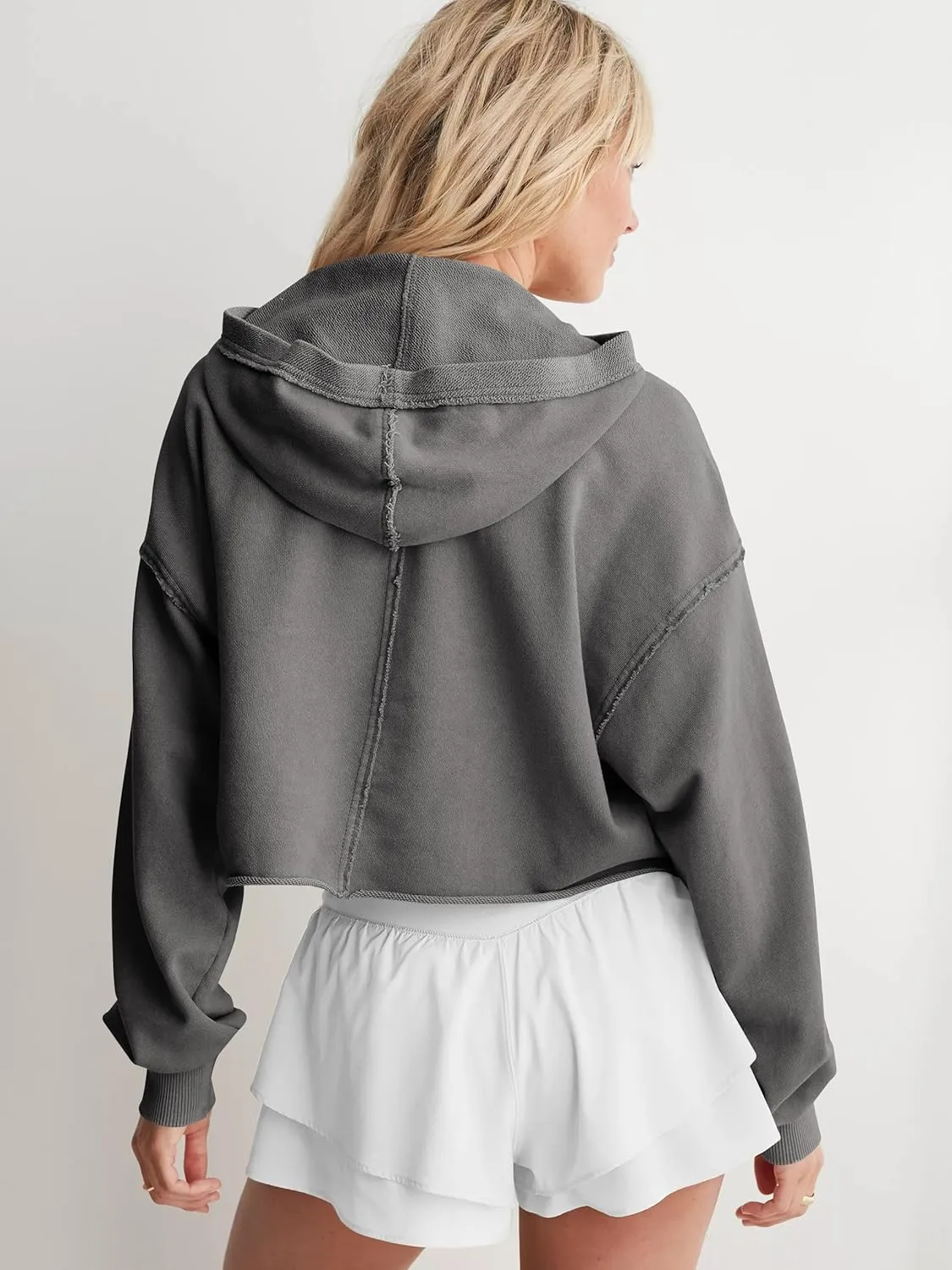 Women's Cropped Pullover Hoodie Long Sleeve Loose Fit Solid Color Y2K Fashion Sweatshirt for Winter and Fall
