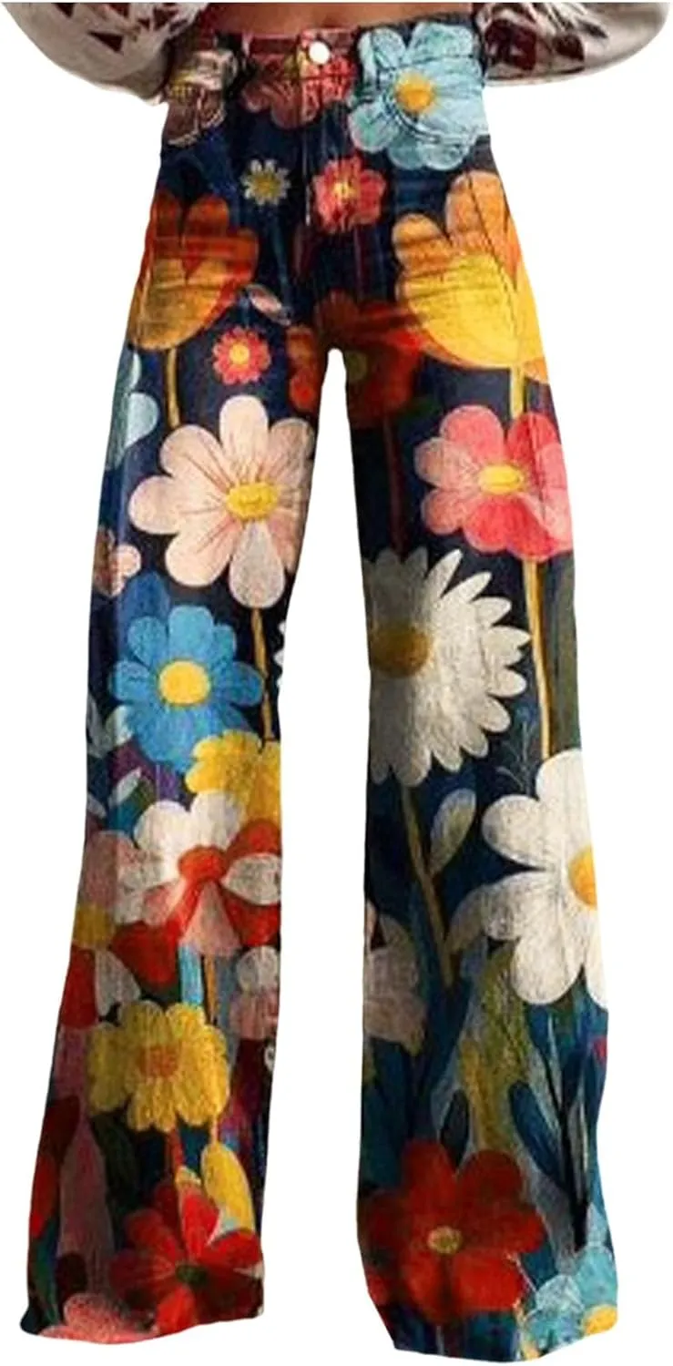 Women's Flare Wide Leg Jeans - Vintage Floral Print High Waisted Straight Stretch Denim Pants with Pockets