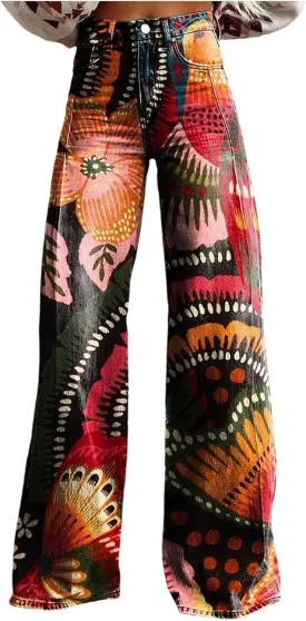 Women's Flare Wide Leg Jeans - Vintage Floral Print High Waisted Straight Stretch Denim Pants with Pockets