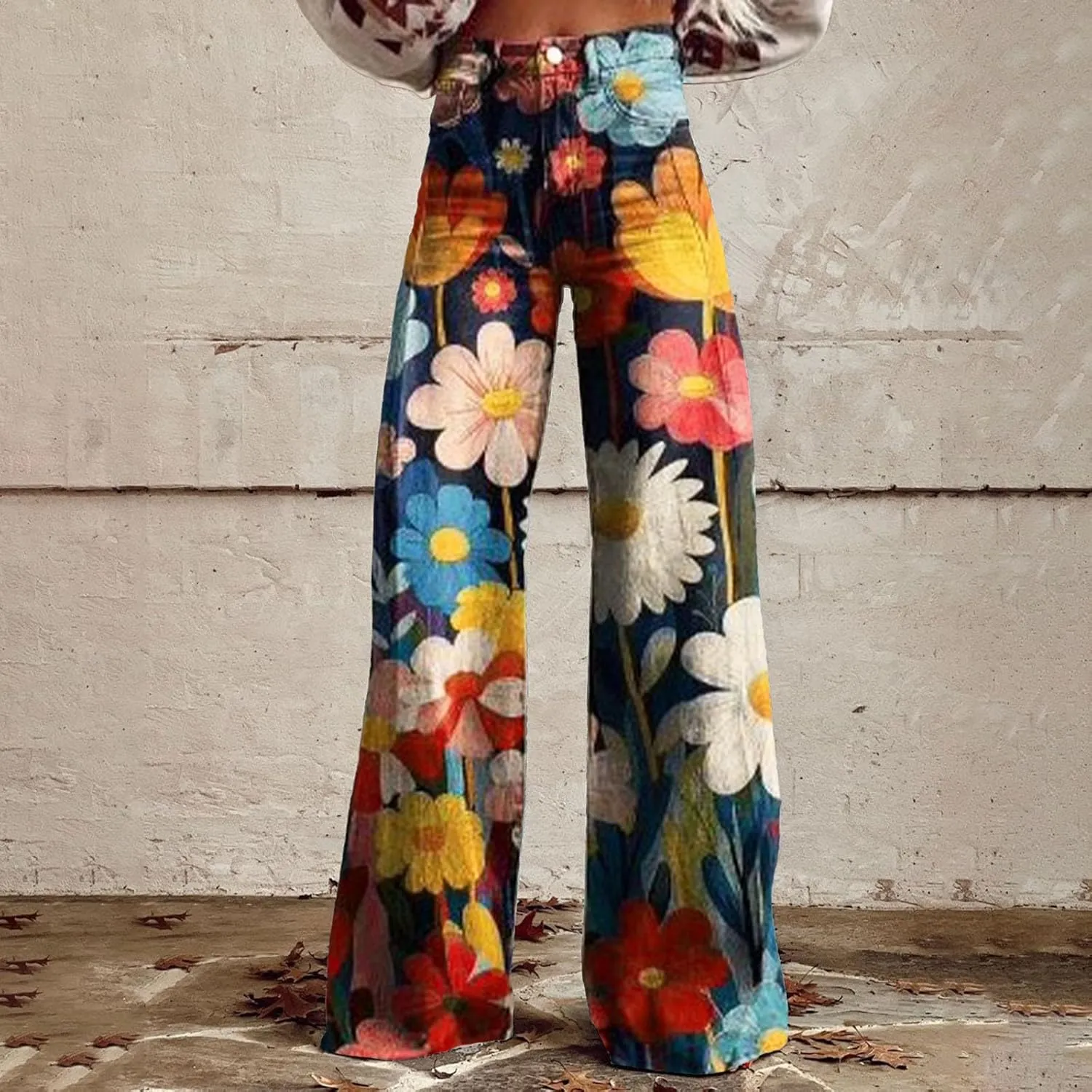 Women's Flare Wide Leg Jeans - Vintage Floral Print High Waisted Straight Stretch Denim Pants with Pockets