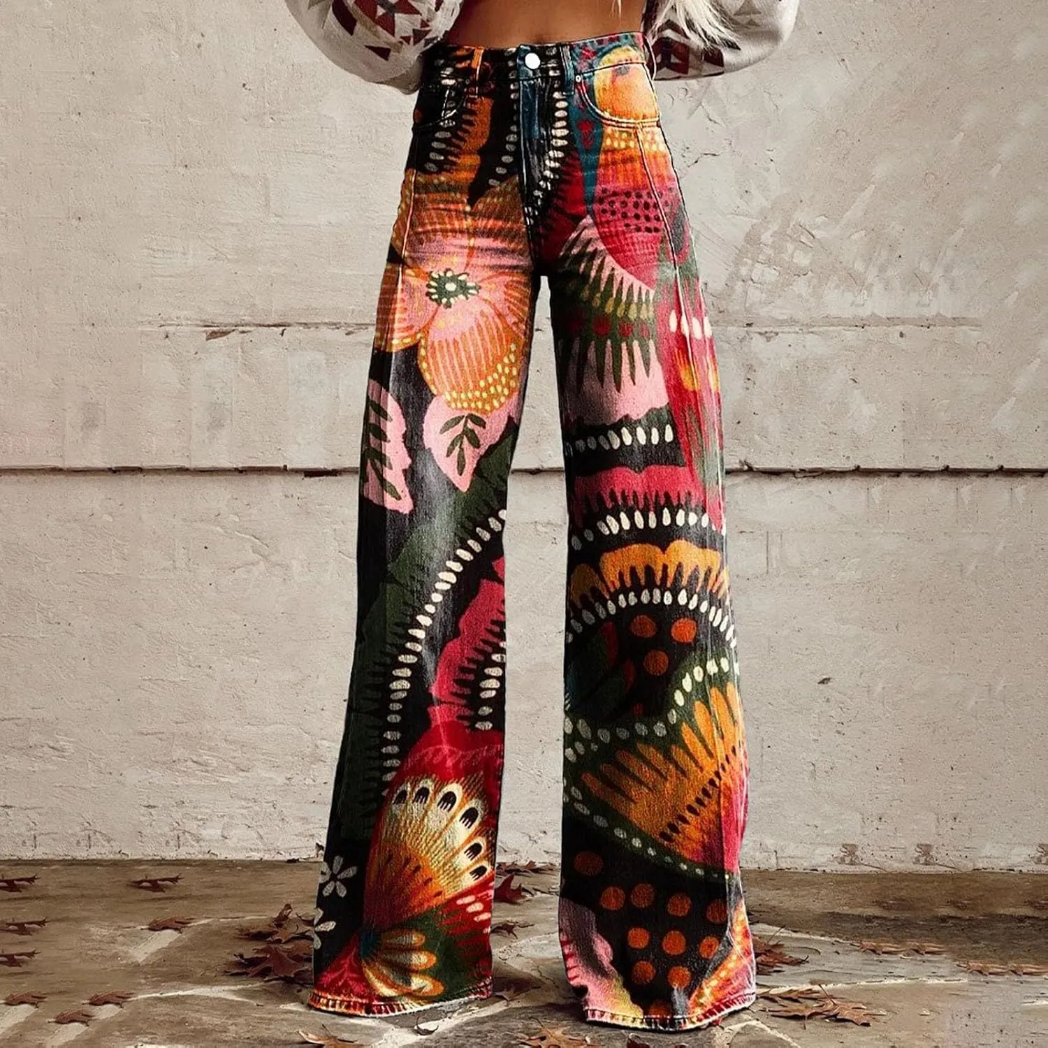 Women's Flare Wide Leg Jeans - Vintage Floral Print High Waisted Straight Stretch Denim Pants with Pockets