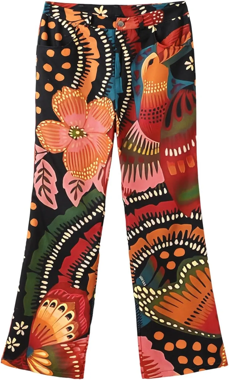 Women's Flare Wide Leg Jeans - Vintage Floral Print High Waisted Straight Stretch Denim Pants with Pockets