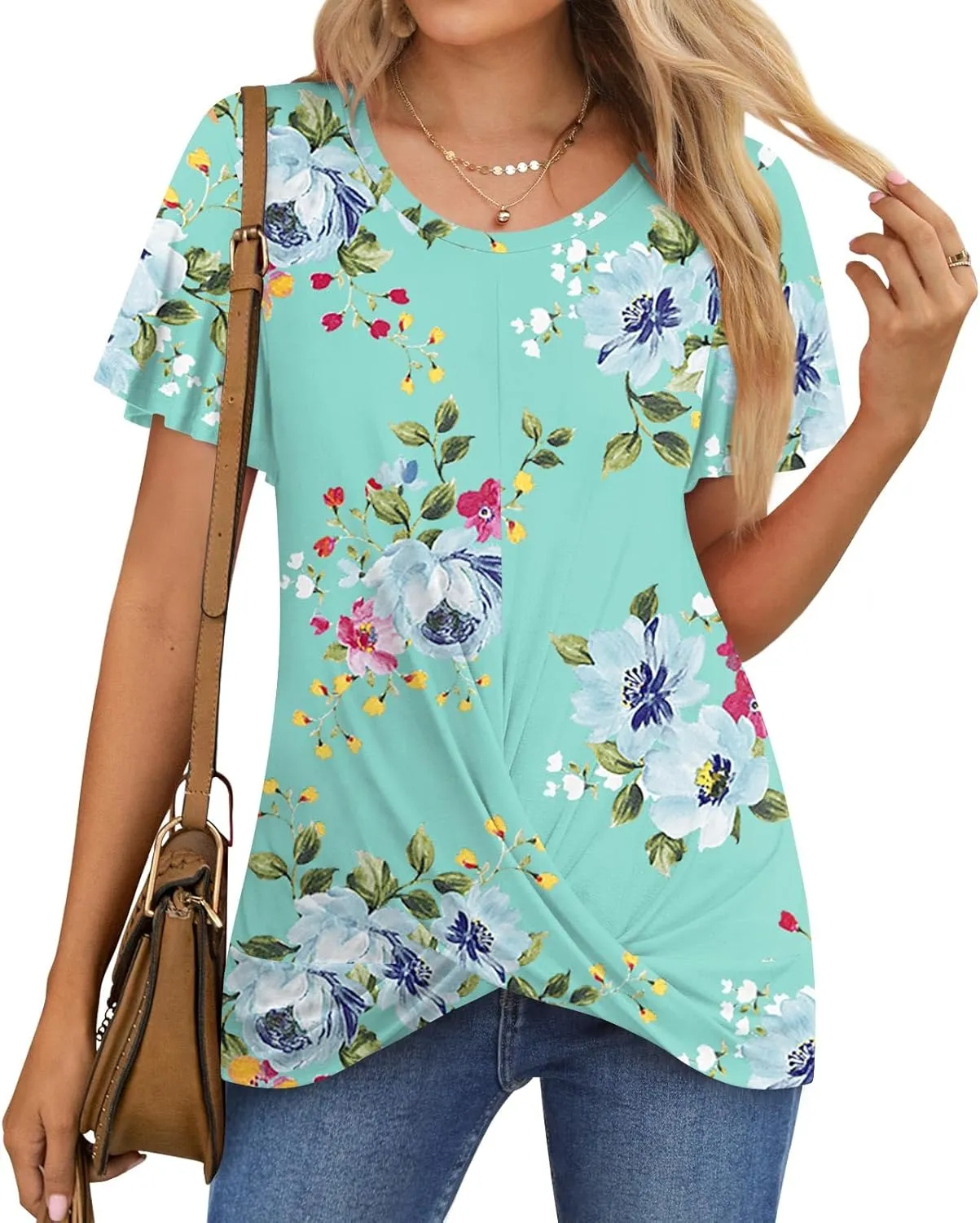 Women's Summer 2025 Casual Tunic Wavy Short Sleeve Blouse Front Twist Tops Tee For Leggings