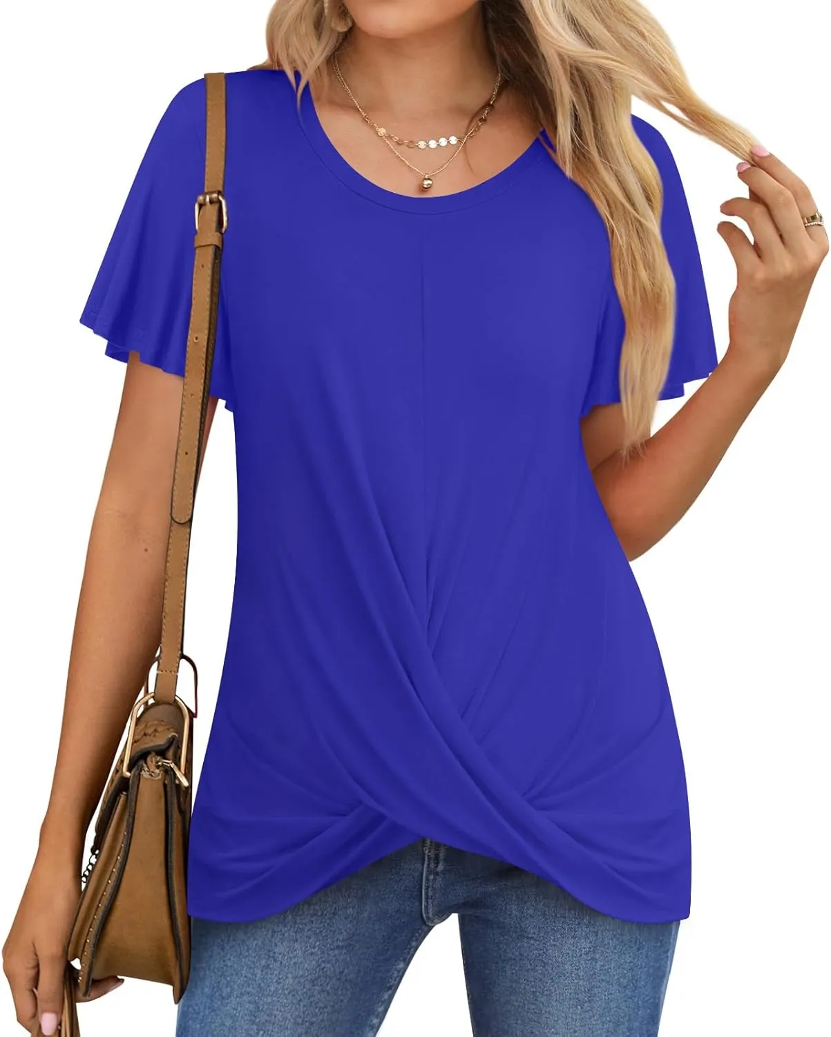 Women's Summer 2025 Casual Tunic Wavy Short Sleeve Blouse Front Twist Tops Tee For Leggings